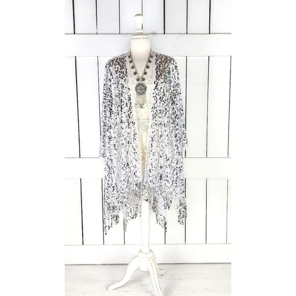 White silver round fringe tassel sequin kimono cover up cardigan jacket - Picture 1 of 5